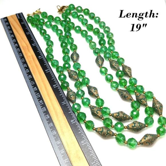 Vintage Green Gold Art Beads Necklace, Three Strands, 19 Inches - Picture 9 of 10